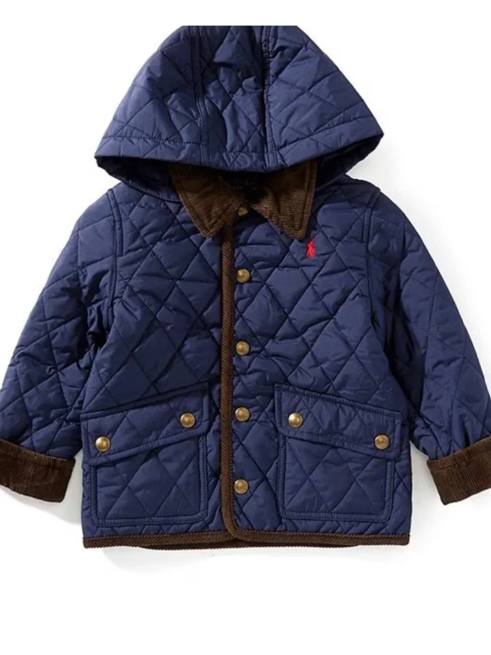 Ralph Lauren Quilted Navy Hooded Jacket with Brown Trim